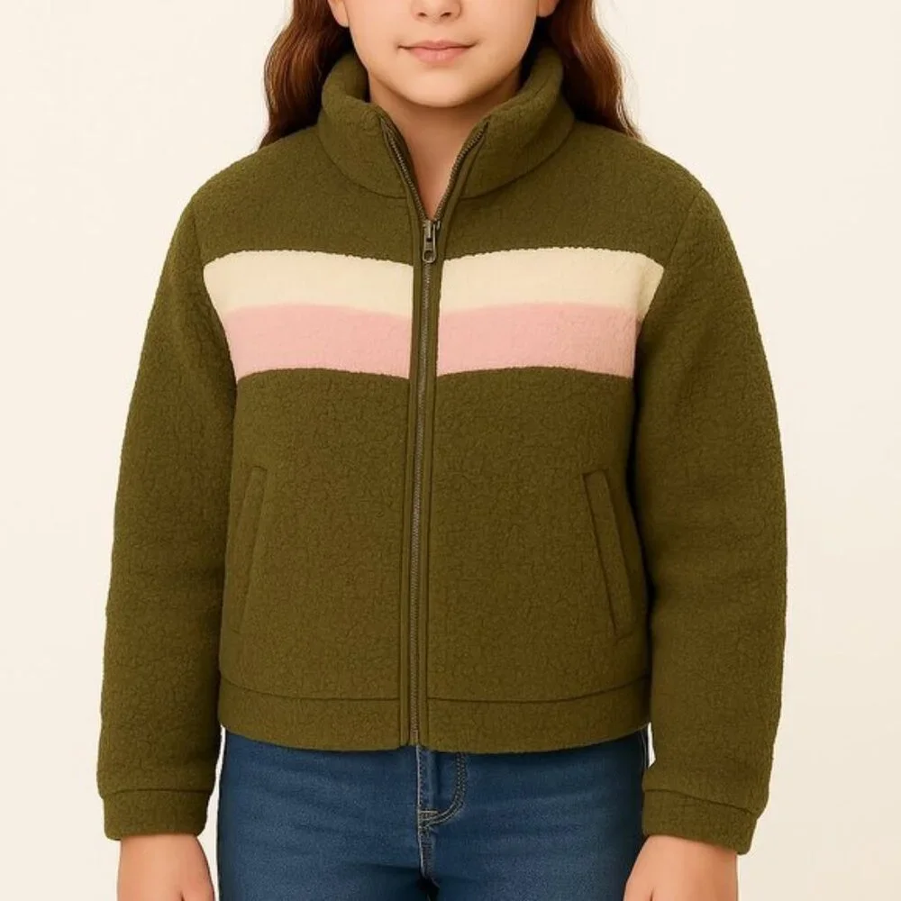 wonder nation Girls Jacket Faux Sherpa XL 14-16 White Pink Stripe Olive Green